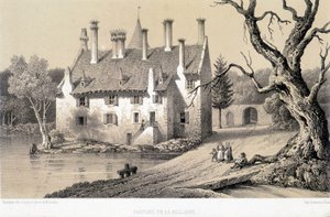 13世紀から14世紀にかけて建設されたベリエール城（フランス、コート・ダルモール）の眺め。ディナンの市立図書館に保存されている1850年のエングレーヴィング。 作： French School