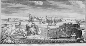 マルタ島の港、ヴァレッタの街の眺め、1736年頃（彫刻