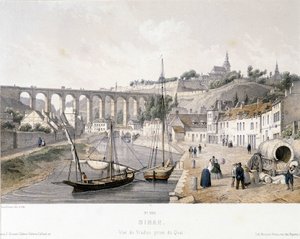 ディナンの高架橋（コート・ダルモール地方）と埠頭の眺め。ディナンの博物館に保存されている19世紀のイラスト（彫刻 作： French School