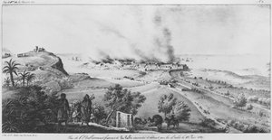 1827年6月18日にアラブ人によって焼失されたラカレのフランスの施設のビュー、アトラスデラペルクの歴史、統計およびトポグラフィクシュルレタットダルジェ、挿絵