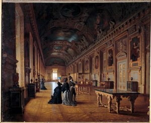 ルーヴル美術館アポロンのギャラリーの様子 絵画を鑑賞する来場者。フランス派の絵画。1880年頃 太陽 0.46x0.55 m。 作： French School
