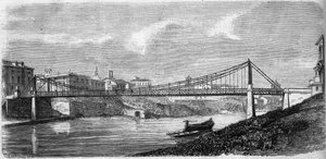 1863年に開通したイタリアのテベレ川（Tevere）に架かる聖ヨハネ橋の様子。アルフォンス・オードリー（1819-1869）が設計した鉄橋。1863年12月19日付「Le Monde Illustré」349号に掲載された図版。 作： French School