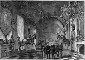 ヴィクトル・エマニュエル2世（ヴィットリオ・エマニュエル）（Victor-Emmanuel）（1820-1878）とナポレオン皇太子（1822-1891）が訪問した際のトリノ宮殿の武器庫（イタリア）の様子 作： French School