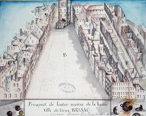 1793年のフランス軍による砲撃後のブリザッハ中心部の眺め 作： French School