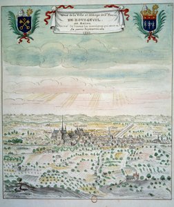 市街地とサン・ピエール・ド・ブルグイユ修道院の眺め フランス派の水彩画。1699年 パリ、B.N.
