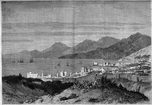 1860年のベイルートの街の風景。1860年7月28日付「The Illustrous World」172号に掲載されたエングレーヴィング。 作： French School