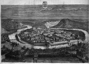 ブザンソンの街の風景。La republique illustree "の個人コレクションにある1880年のエングレーヴィング。 作： French School