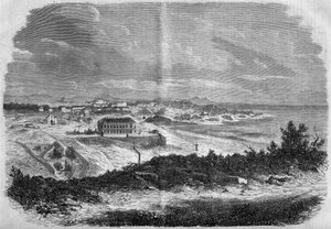 1858年、ピレネー大西洋（64）のビアリッツの街の風景。1858年9月18日付「Le Monde Illustré」75号に掲載された版画。 作： French School