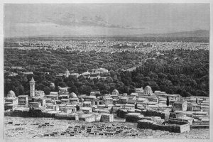 今日のシリアからのダマスカスの街の眺め。フェニシア、レバノン、ジューディーへの旅。 1884年、ルイシャルルエミールロルテの1875-1880（bw彫刻） 作： French School