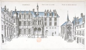 中庭とシャンティイのチャペルの眺め（紙にペン、インク、トイレ） 作： French School