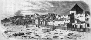 1857年に火薬庫が爆発した後の、マインツ（ドイツ）のカストリッチ市の地区の様子。写真より。1857年12月19日付の "Le Monde Illustré "36号に掲載されたエングレーヴィング。 作： French School