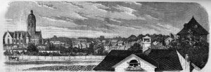 1857年に火薬庫が爆発する前の、マインツ（ドイツ）のカストリッチ市の地区の様子。写真より。1857年12月19日付の "Le Monde Illustré "36号に掲載されたエングレーヴィング。 作： French School