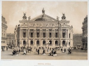 パリのオペラ・ガルニエのファサードからカプシーヌ大通りを見下ろす風景。19世紀の水彩画、パリ、カルナヴァレ美術館より 作： French School