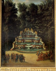 1713年、大トリアノンの庭園にある「水の宴」の噴水の様子。手前にあるのはプロムナードでのルイ14世 Peinture de Charles Chatelain.18世紀。寸法2,96x1,42 m. ヴェルサイユ、ヴェルサイユ宮殿とトリアノンの城 作： French School