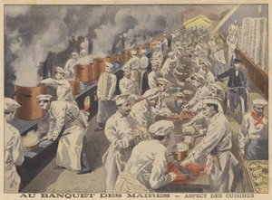 フランス市長の宴のための厨房の様子（カラーリトグラフ 作： French School
