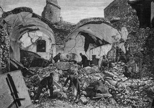 1881年の地震で破壊されたイスキア島（イタリア）のキエーゼ・デル・プルガトリオの廃墟の眺め。1881年4月9日付「The Illustrous World」1254号に掲載されたケスネルの版画。
