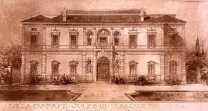 ジュール・アドルフ・ショーヴェ（b.1828）が彫刻した「中世とルネサンスの建築物の断片」より、ローマのヴィラ・ジュリア（リトグラフ）。 作： French School