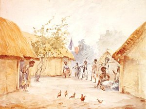 1895-96年にフランスが征服した当時のマダガスカルの村（水彩・紙） 作： French School