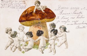 キノコの周りで踊る子供たち（赤ちゃん）を描いたフランスのヴィンテージ絵葉書 作： French School