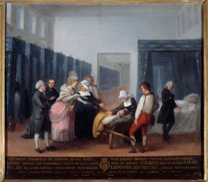 ネッカー夫妻の慈善ホスピス訪問 1778年に大臣とレトル夫人が設立した病院（現在のパリのネッカー病院）です。フランス派の絵画。18世紀。パリ、ピュブリク支援美術館 作： French School