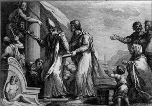 430年頃の聖ジェルマン・ア・オーセロワのイギリス訪問。異端とされていたペラギウス主義と戦うためにやってきたオーセールのエヴェック、聖ジェルマン（378〜448年頃）。18世紀のエングレーヴィング。 作： French School