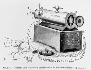 ギロームベンジャミンデュシェンヌドゥブローニュ（1806-75）が使用したボルタファラディック装置人間の生理学のメカニズムまたはデュシェンヌデブールによる情熱の電気生理学的分析からの図 作： French School