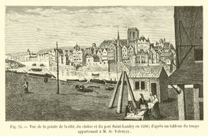 1590年の街の先端、回廊、サンランドリーの港の眺め。 M de Valencayに属するタイムテーブルによると 作： French School