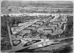 1863年に落成したナントのホテル・デュー（Hotel-Dieu）の外観。この病院は1943年の空襲でほぼ全壊する。Loire Atlantique (44).1863年12月5日発行の「Le Monde Illustre」347号に掲載された版画。 作： French School