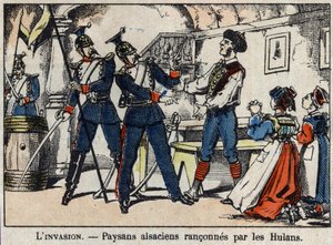 1870年のフランスとプロイセンの戦争。エピナルのヒューランズ（Uhlans、Houlans）のイメージでアルザスの農民が暴走。 作： French School