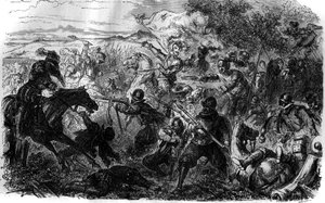 3人のアンリの戦争（1585-1586年）。同盟とその指導者アンリ・ド・ギーズの考えに従い、アンリ3世は7月7日に締結されたヌムール貿易に参加した。 作： French School