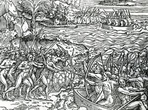 戦争シーン、ブラジル、アンドレドテヴェによる「フランス南極の特異点」のイラスト、1558 作： French School