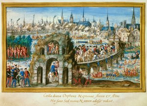 1550年1月10日、国王アンリ2世（1519-1559）とカトリーヌ・ド・メディチ（カテリーナ・デ・メディチ）（1519-1589）の入城に際してルーアン市が主催した水上ショー。ブラジルのインディオの村の左側の復元。ミニチュア 作： French School