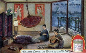 眠るための方法。日本の寝室。リービッヒ・パッケージング・クロモリソグラフィー。 作： French School