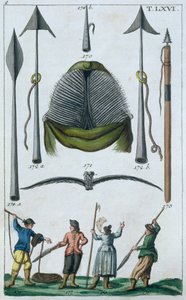 18世紀後半の捕鯨用具（カラー彫刻） 作： French School
