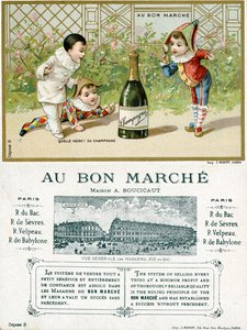 なんて運だ！シャンパンのボトル。パリのボンマルシェデパートのプロモーションカードの表と裏、1895年頃 作： French School