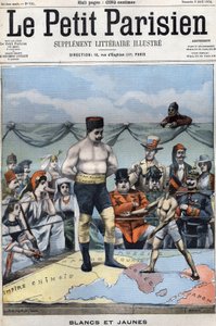 白と黄色（日露戦争を描いた漫画：フランス、アメリカ、中国などの国が日本とロシアのボクシングを見ている）。4月3日のLe petit Parisienの表紙