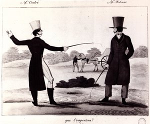 誰が勝つ？ M.シントレとM.ボリバーの間の決闘のシーン、1820年頃
