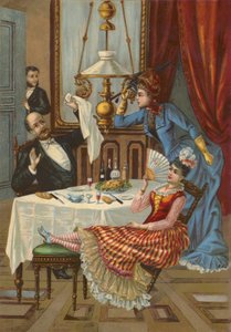 愛人を夕食に招いた夫を叱責する妻（クロモリト） 作： French School