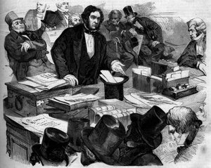 William Ewart Gladstone (1809-1898), イギリスの政治家、下院で予算と貿易取引を発表する首相。イギリス・ロンドン 作： French School