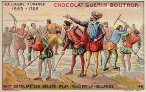 オレンジ公国のウィリアムがオランダの洪水を防ぐために堤防を破壊した（クロモリト 作： French School
