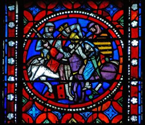 聖ボネのローマへの旅の様子を描いたウィンドウs1-R。アリパート王は騎士を致命傷 作： French School