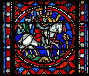 聖ボネのローマへの旅の様子を描いたウィンドウs1-R。騎士が戦いから戻る 作： French School