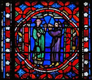 聖ボネのローマへの旅の様子を描いたウィンドウs1-R。リルバーブの修道院の大修道院長から軽食を受け取る 作： French School