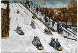 冬のゲームとスポーツ：カナダ、モントリオール公園のトボガン・スライド、ジェットコースター。La Nature.Revue des sciences and de ses applications aux arts and a