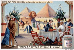 太陽の国の冬：カイロ周辺から見たピラミッド - 広告ヴィネット、クロモ。Liébig, v.1900. 作： French School