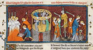 魔女が焼かれた」（『フランスのグランド・クロニクル』MSロイヤル16 G VI f. 64より 作： French School