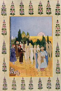 私のマントで彼女のヌードを守りましょう、アラビアンナイトのイラスト、1895年（カラー彫刻）