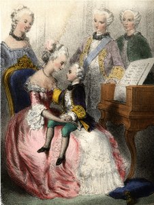 ヴォルフガング・アマデウス・モーツァルト（1756-1791）がオーストリアの皇女マリー・テレーズ（marie therese）に抱かれている姿 - マダム・エウジェニー・フォアの「輝かしい子供たち-歴史物語」より 作： French School