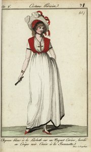1798年のファッションでリスベットハットを被った女性（手彩色銅版画 作： French School