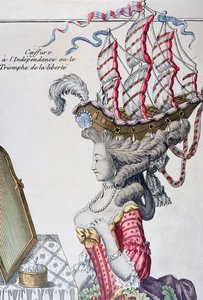 ベルプールの髪型のデイドレスを着た女性、アメリカ独立期、1779〜80年 作： French School